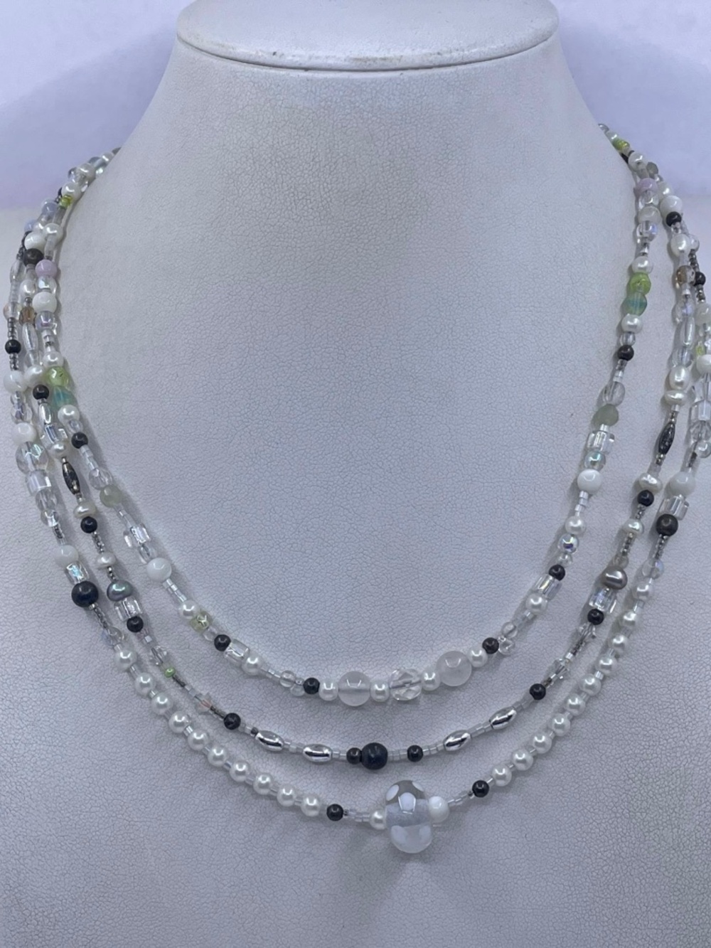 Sterling Silver 925 Multi-Strand Beaded Necklace with Mother of Pearl Clasp